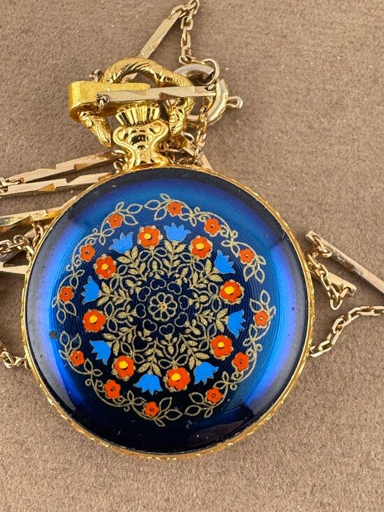 Vintage Hudson Gold Plated Pendant Watch with Blue Guilloche & Red Flower Motifs